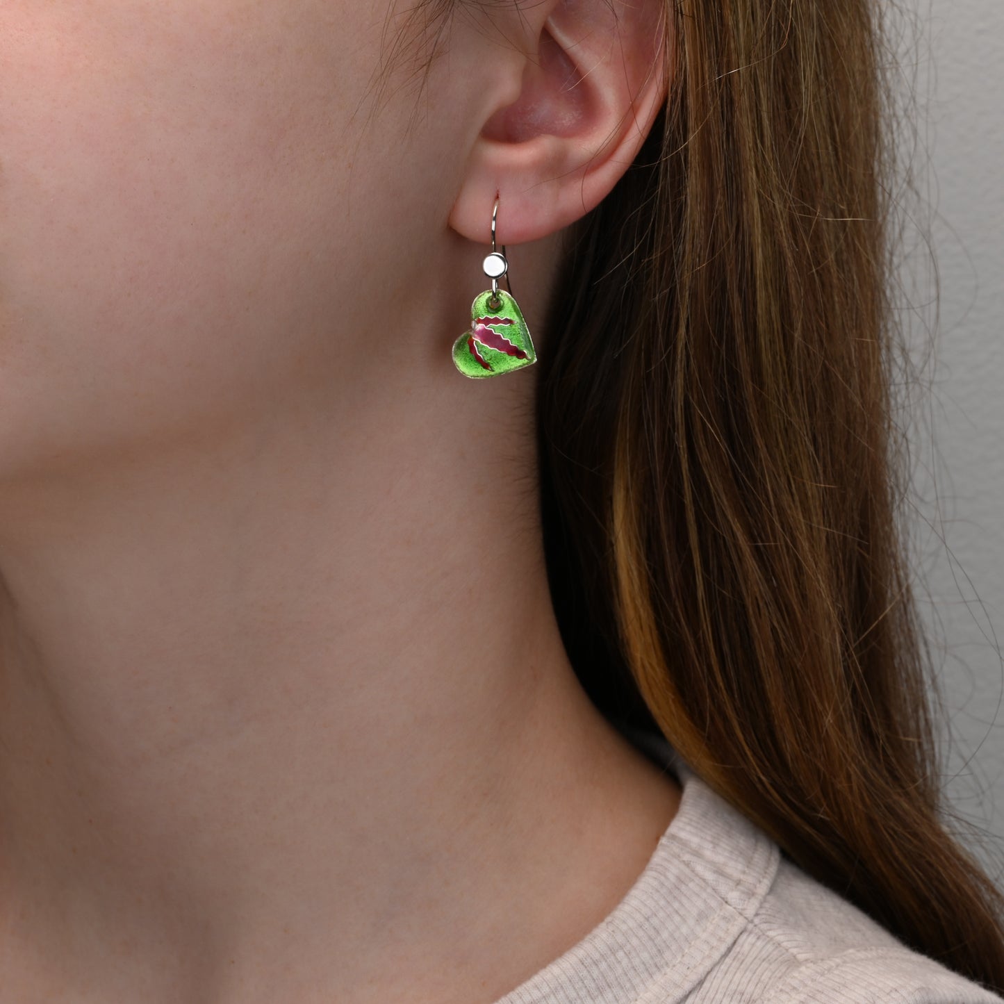 Green Enamel Heart Earrings