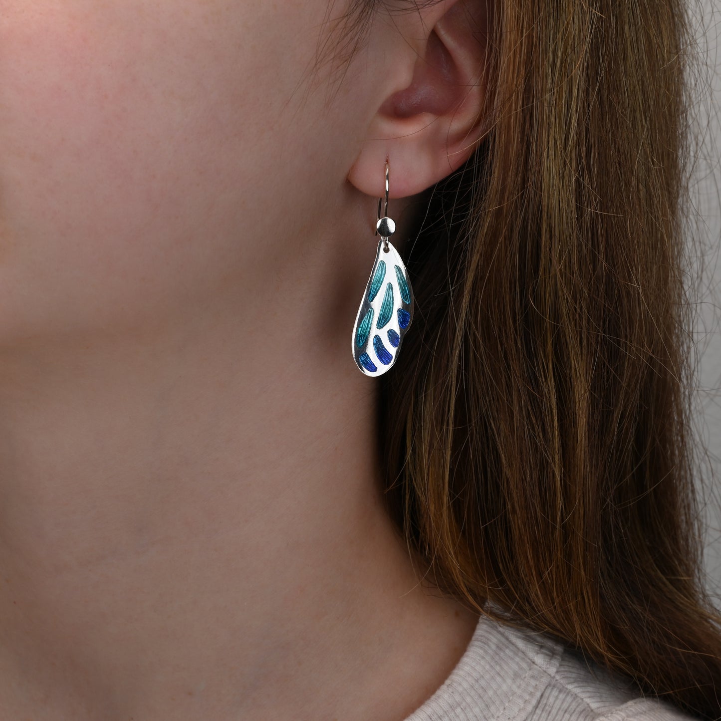 Aqua Blue Butterfly Wing Champleve Silver Earrings