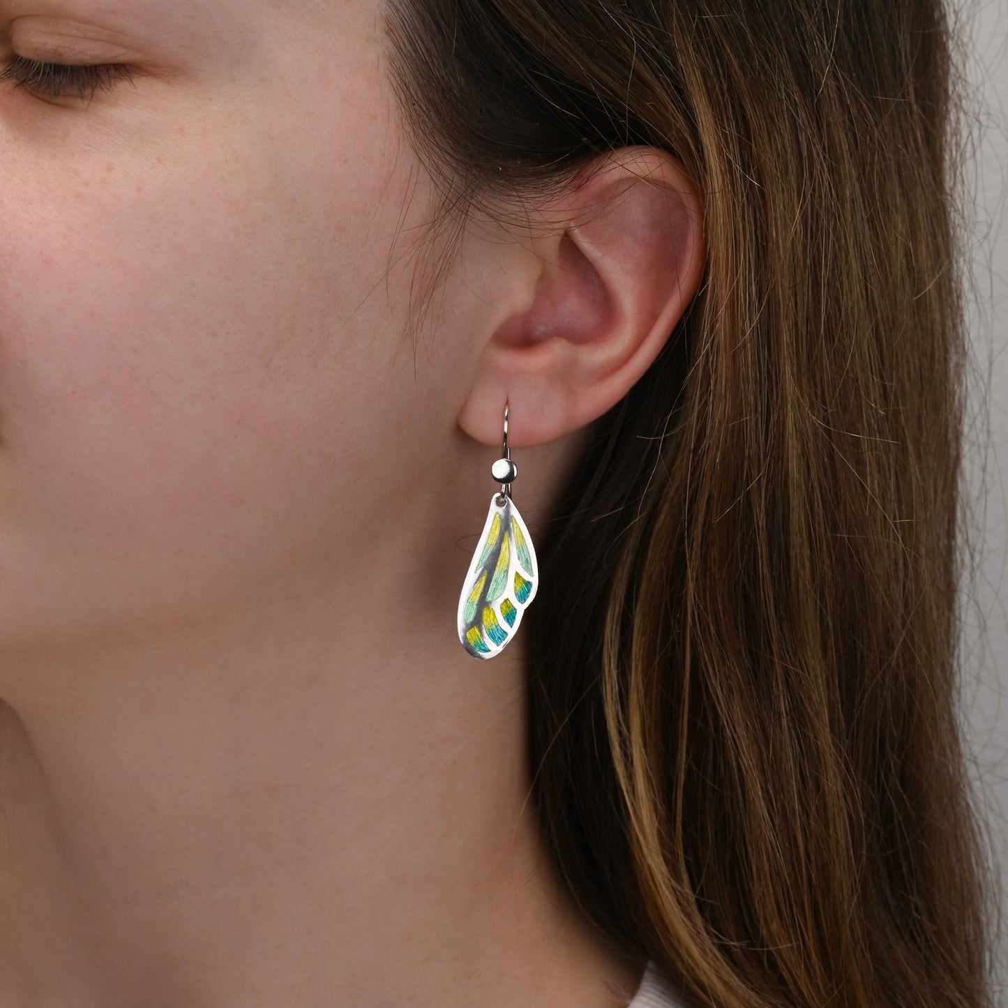 Aqua Yellow Wing Champleve Silver Earrings