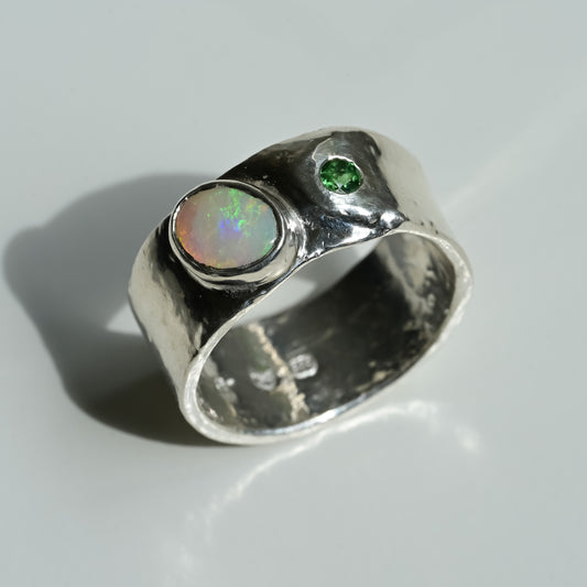 Australian Opal Melted Silver Ring with green tsavorite garnet — handmade in Australia