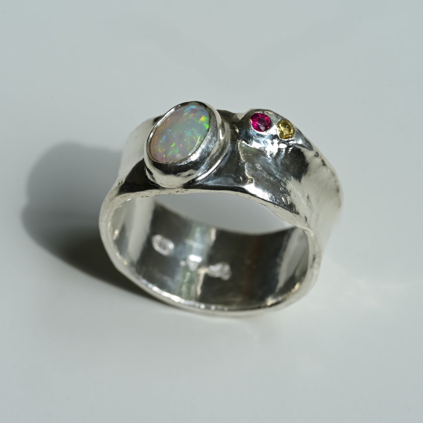 Australian Opal Melted Silver Ring with hot pink tourmaline and sapphire — handmade in Australia