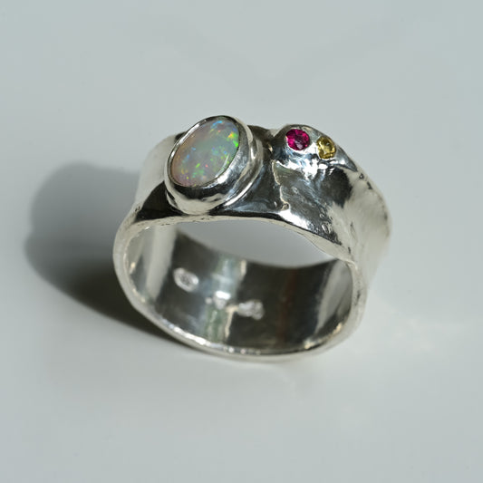 Australian Opal Melted Silver Ring with hot pink tourmaline and sapphire — handmade in Australia