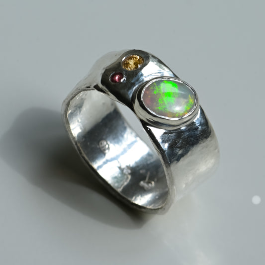 Australian Opal Melted Silver Ring with peach sapphire and tourmaline — handmade in Australia