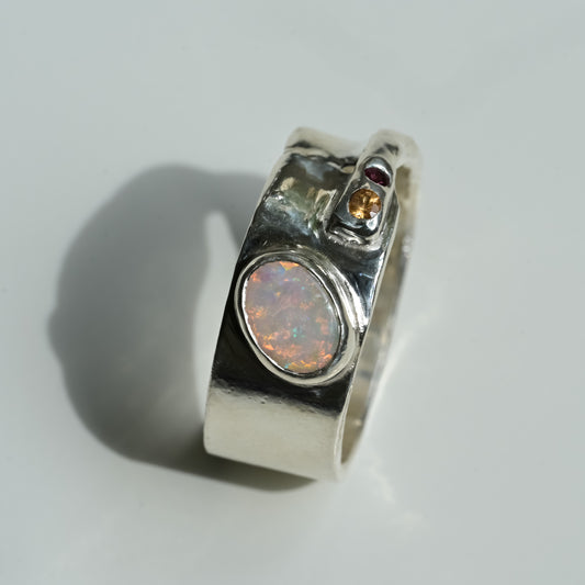 Australian Opal Melted Silver Ring with tourmaline and peach sapphire R — handmade in Australia