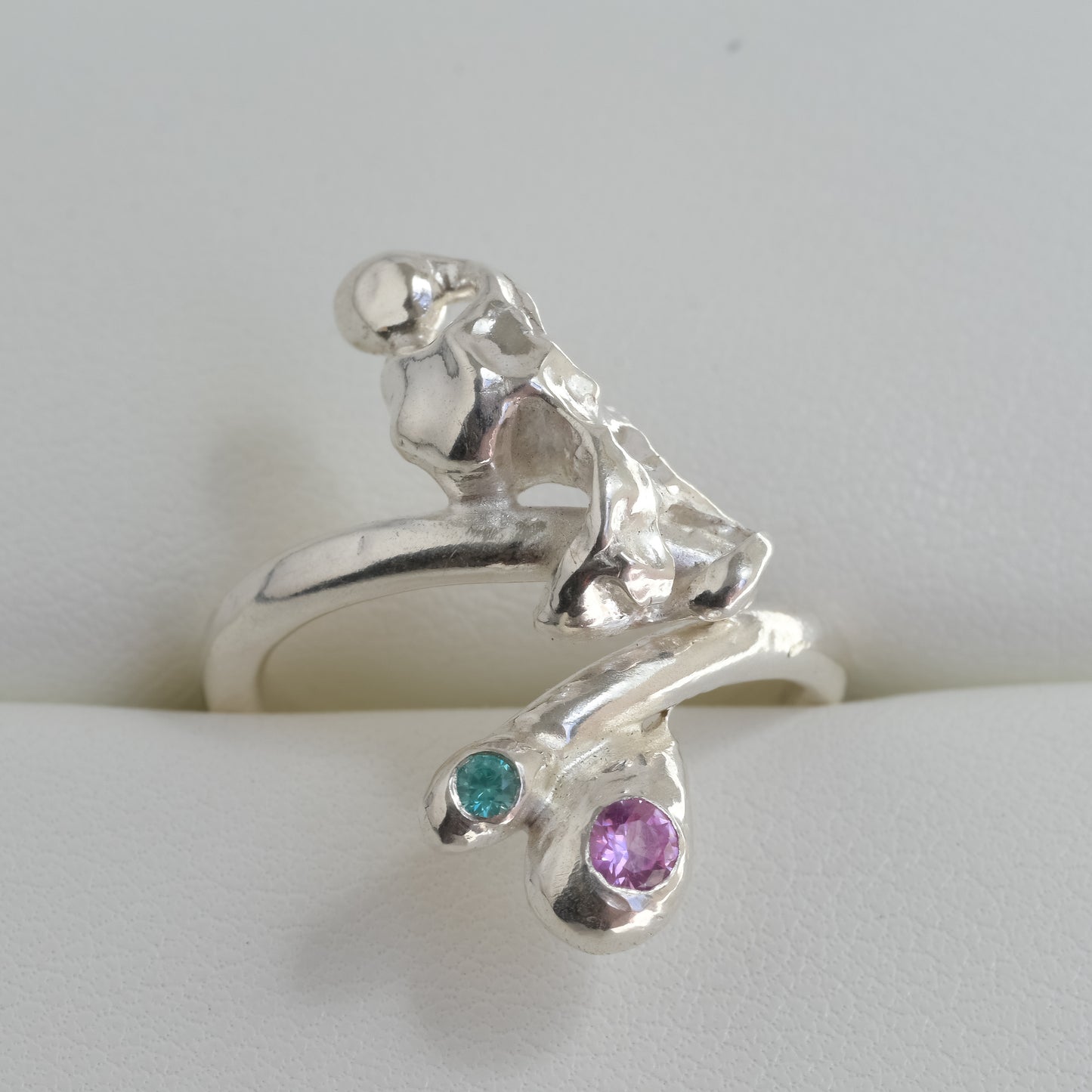 Butterfly Ring Pink Sapphire Paraiba Garnet Melted Silver — handmade in Australia