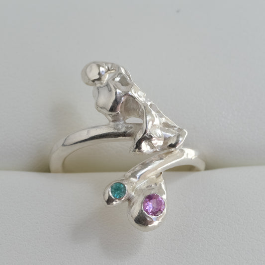 Butterfly Ring Pink Sapphire Paraiba Garnet Melted Silver — handmade in Australia