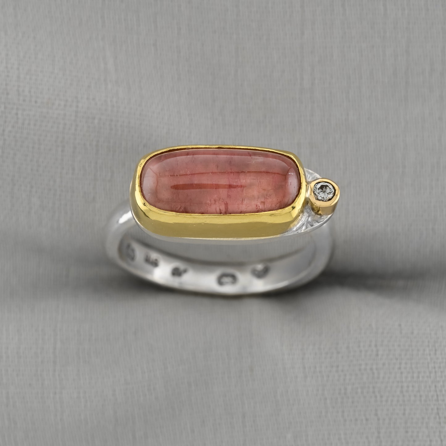 Jelly Pink Tourmaline 22 carat Gold and Silver Ring with diamond