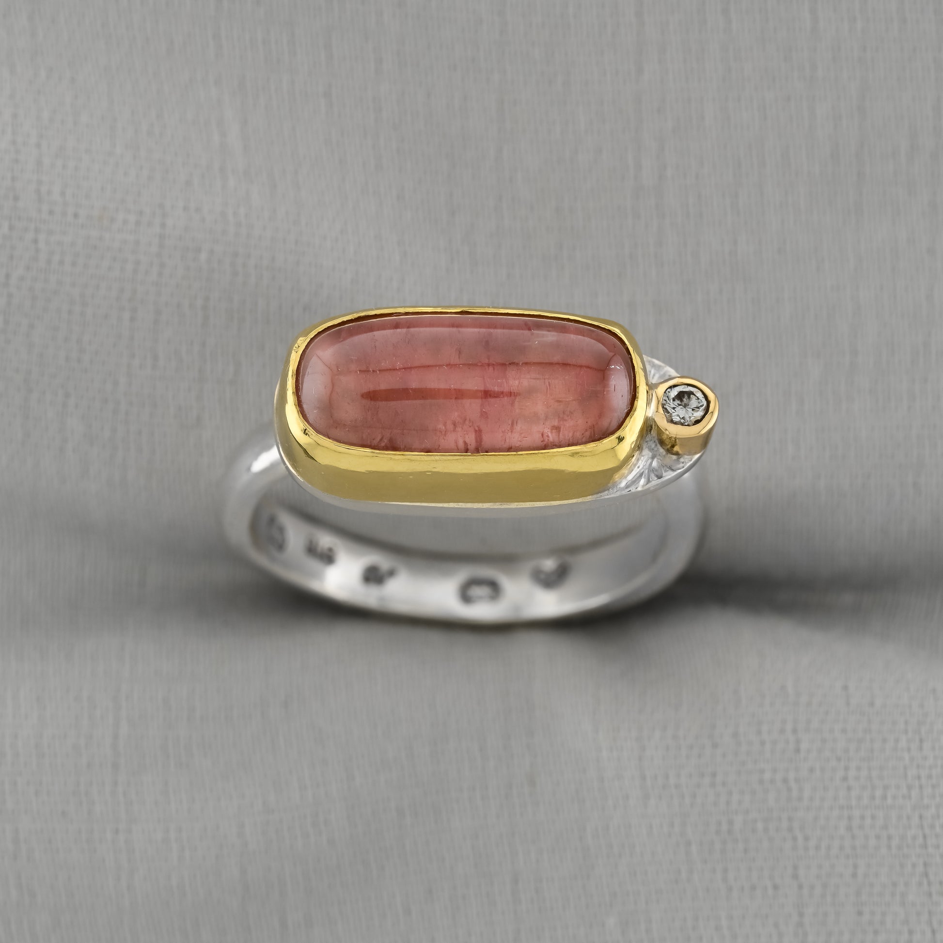 Jelly Pink Tourmaline 22 carat Gold and Silver Ring with diamond