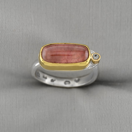 Jelly Pink Tourmaline 22 carat Gold and Silver Ring with diamond