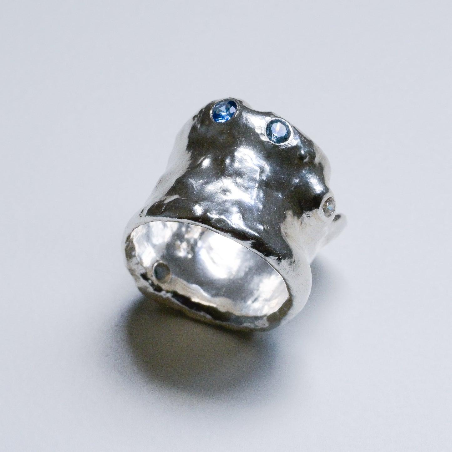 Melted Silver Ring with sapphires and diamond Ocean