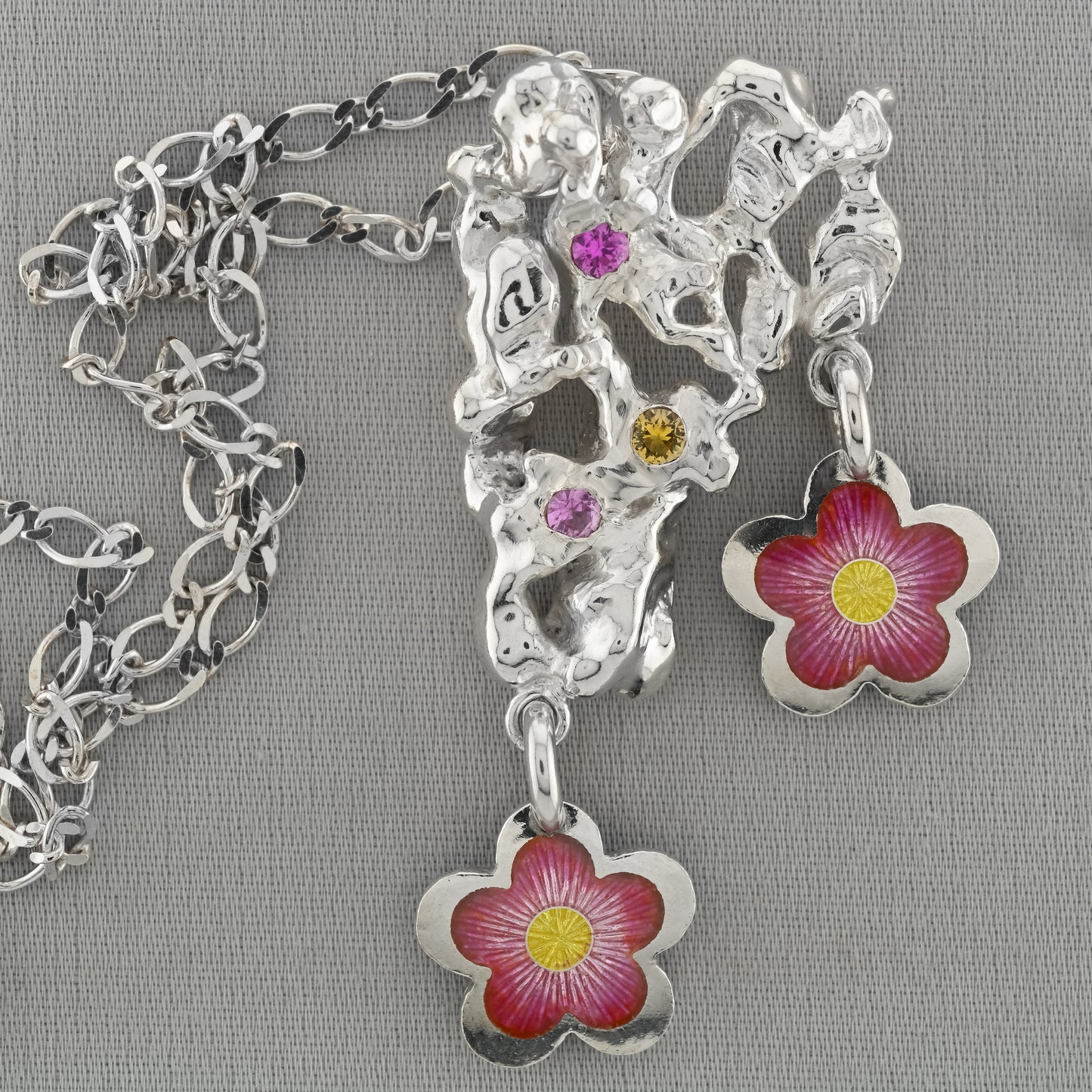 Enamel Cherry Blossom Pendant with sapphires