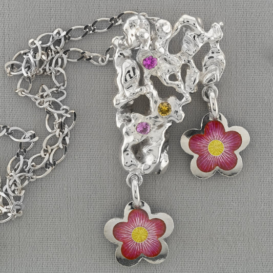 Enamel Cherry Blossom Pendant with sapphires