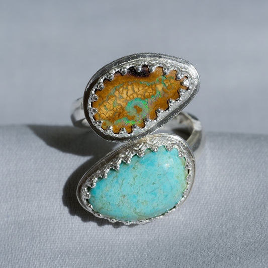 Snake Skin Turquoise & Boulder Australian Opal Silver Ring — Italian made sterling silver