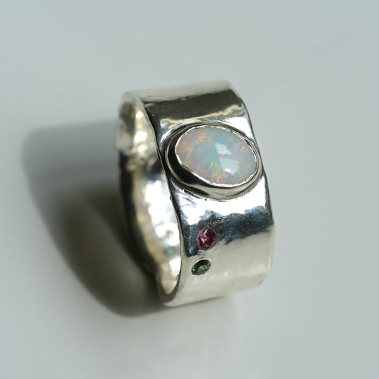 Australian Opal Melted Silver Ring with pink and green tourmalines — handmade in Australia