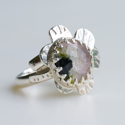 Watermelon Tourmaline Leaf Ring in Fine Silver